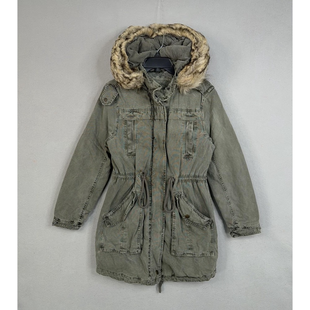 American Eagle Coat Womens XS Green Faux Fur Hooded Parka Field Military Jacket
